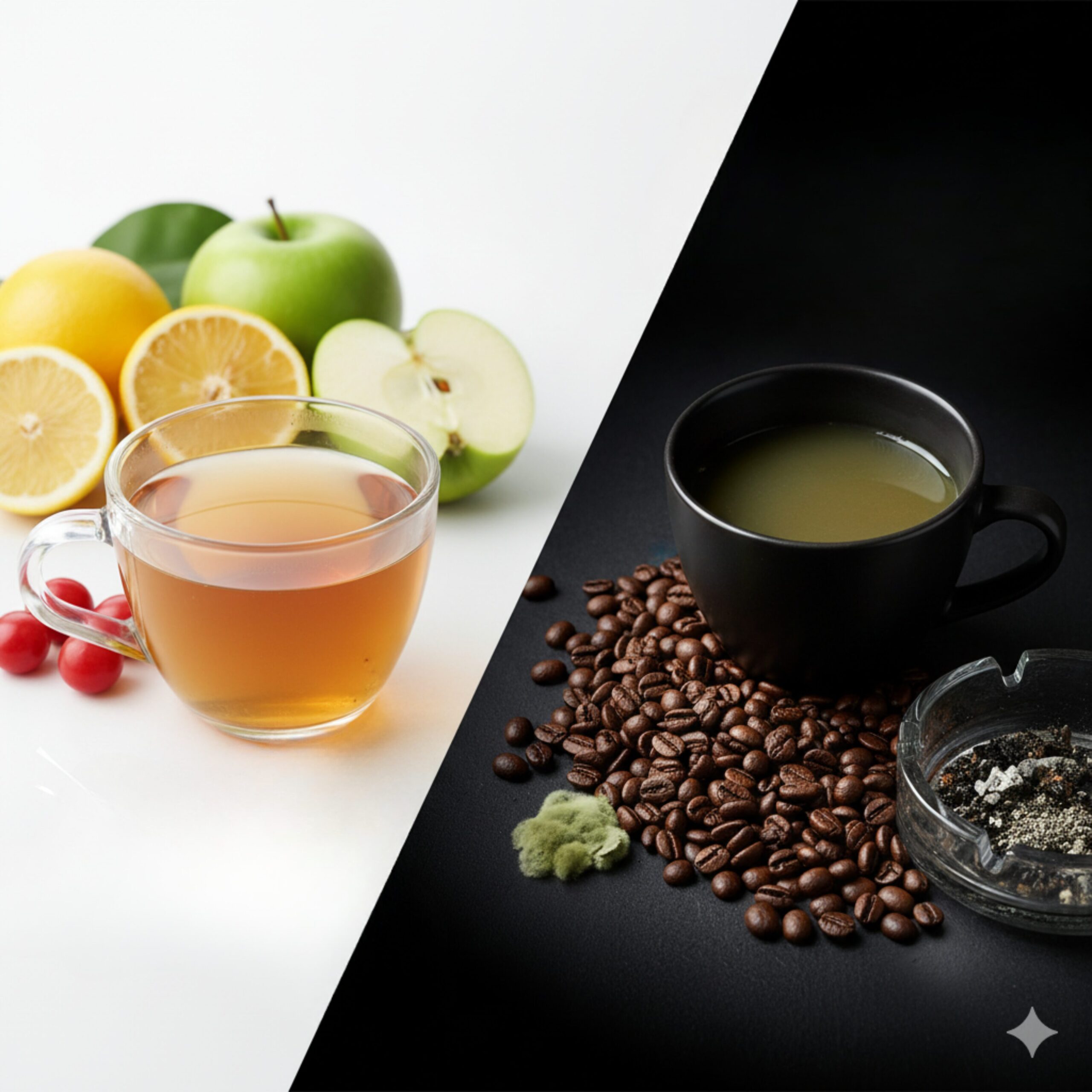 左右で異なるコーヒーの酸味の種類を対比させた画像。左側は明るい背景で、新鮮なレモン、リンゴ、チェリーが透明なカップに入ったフルーティーな飲み物と共に配置されている