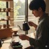 明るいキッチンで、コーヒースケールとドリップポットを使って丁寧にハンドドリップコーヒーを淹れる日本人男性