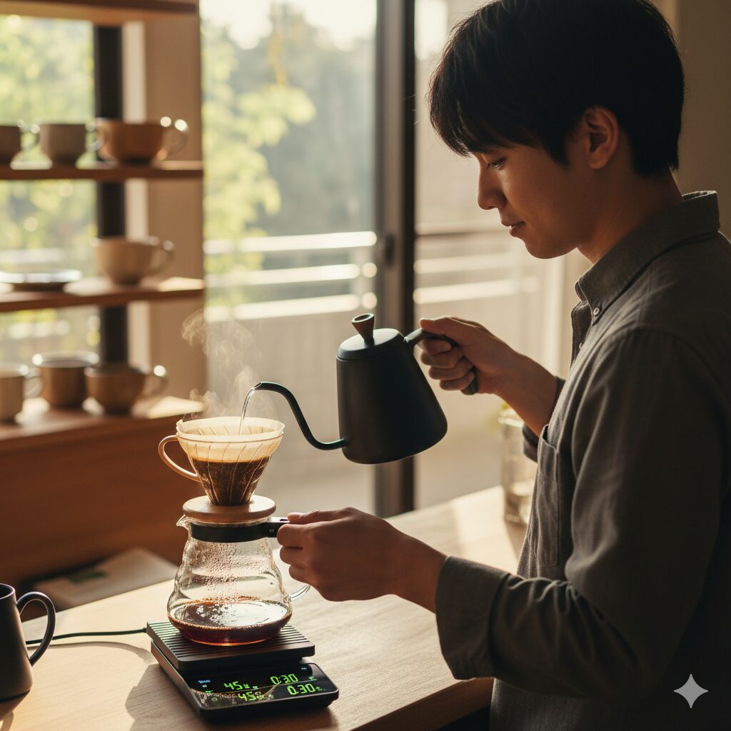 明るいキッチンで、コーヒースケールとドリップポットを使って丁寧にハンドドリップコーヒーを淹れる日本人男性