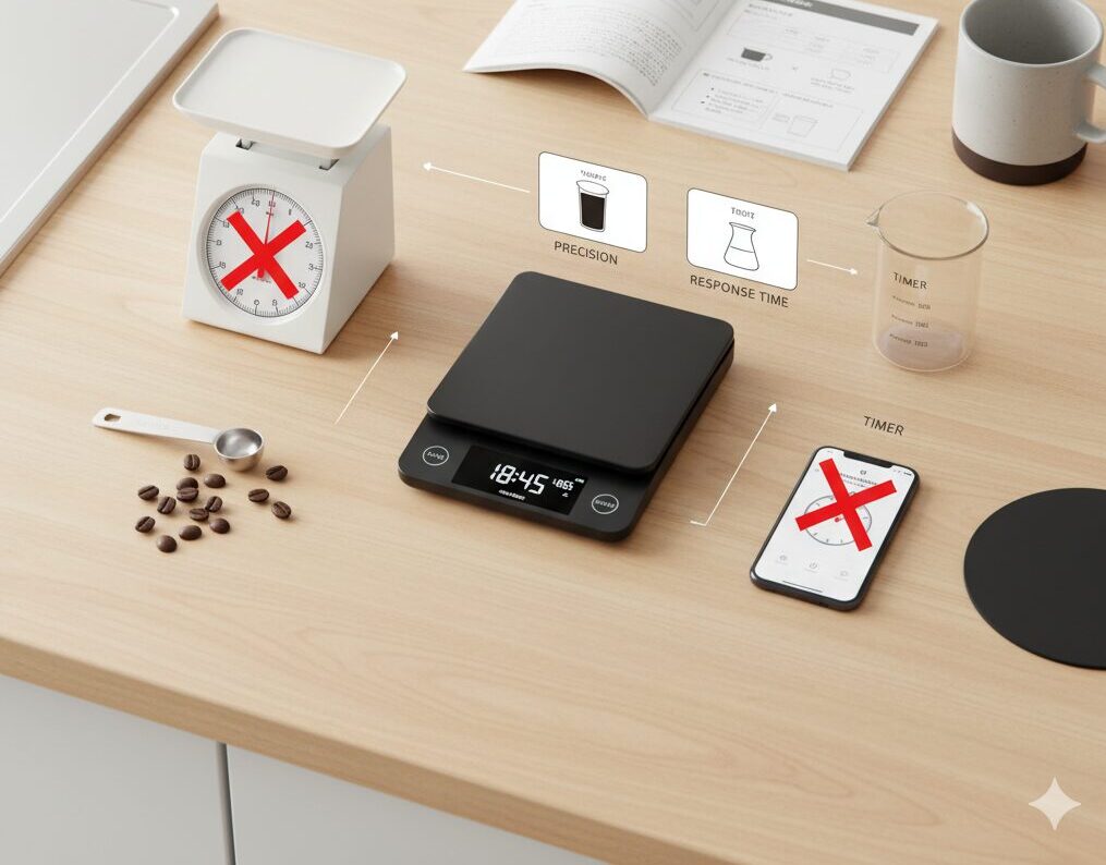 木目のカウンターに置かれたアナログスケール（不適切を示すバツ印付き）、一般的なコーヒースケール、そしてタイマー機能付きのコーヒースケールが並び、正確な計量とタイマー機能の重要性を示唆する比較画像