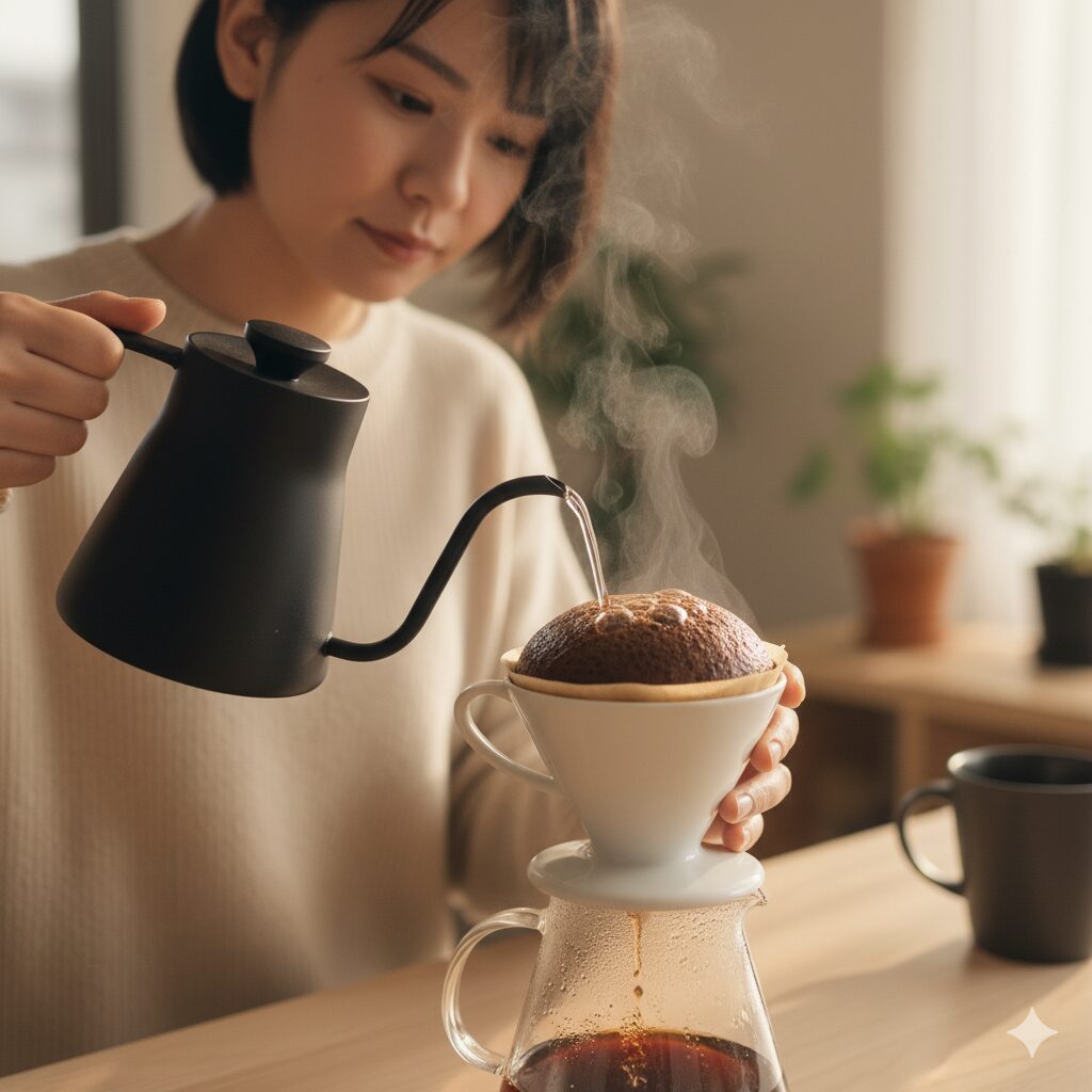 お湯を注いだ直後のコーヒー粉がドーム状に膨らんでいる「蒸らし」の状態。