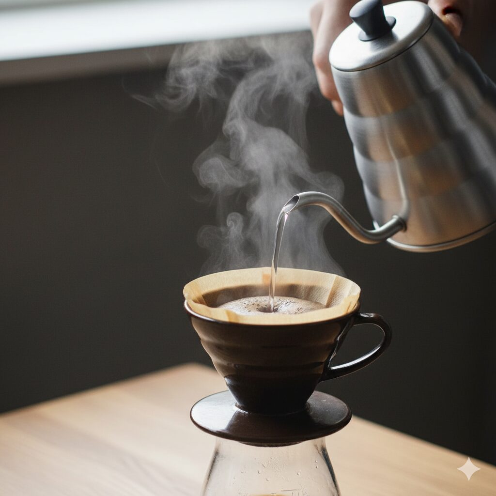 蒸らしの後、ケトルを使って「の」の字を描くようにお湯を注いでいる抽出の様子。