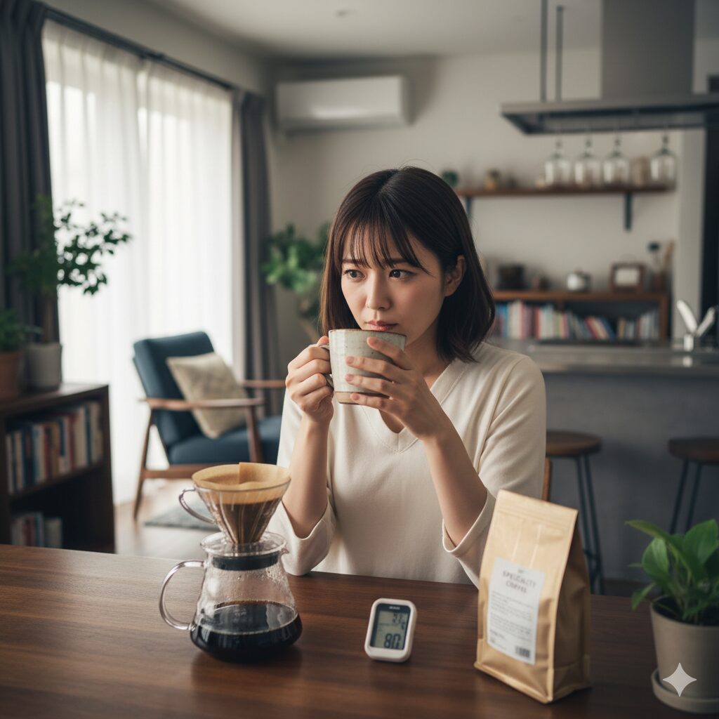 自宅でコーヒーを飲んでいて、その味に疑問を感じているアジア人女性。彼女の前にはドリップコーヒーの器具とコーヒー豆の袋、デジタル温度計が置かれている。