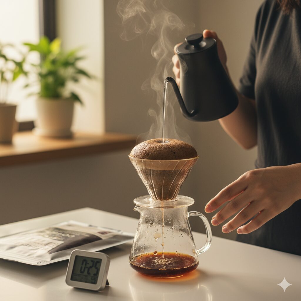 アジア人女性が自宅の明るいキッチンでハンドドリップコーヒーを淹れている様子。ケトルからお湯を注ぎ、コーヒー粉が膨らんでいる。手前にはデジタルタイマーが置かれている。