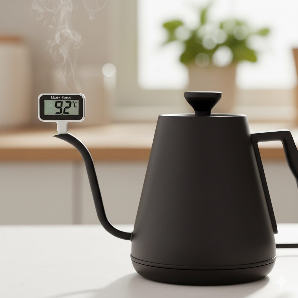 モダンな黒いドリップケトルと、その注ぎ口に差し込まれたデジタル温度計が92℃を示している。ケトルからは湯気が上がっており、適切な湯温でのコーヒー抽出の重要性を表現している。
