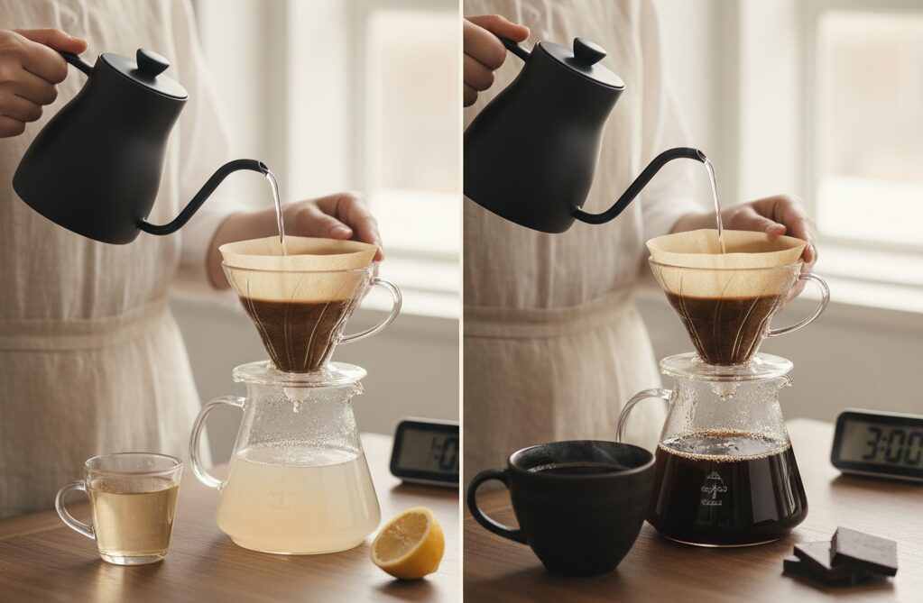 コーヒーの抽出時間による味の違いを比較する画像。