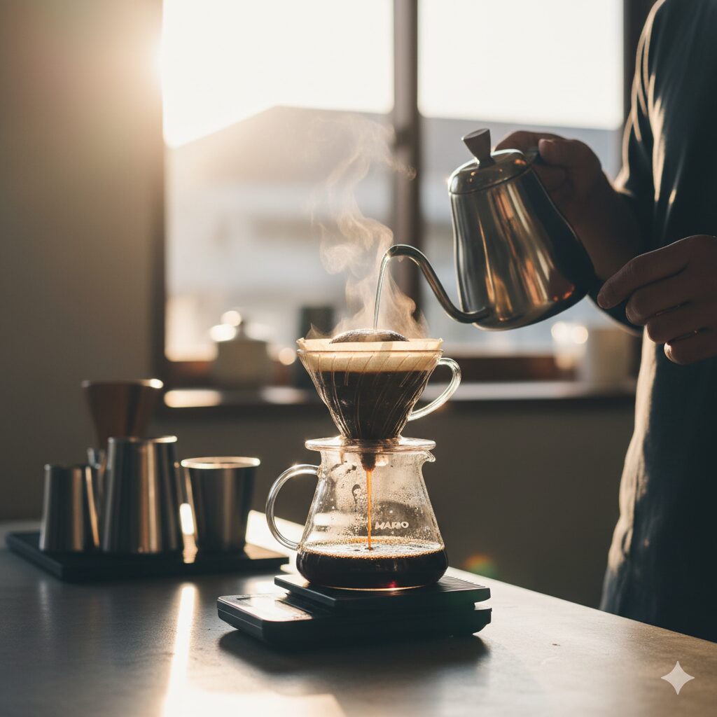 朝日を浴びながらハリオV60ドリッパーでコーヒーを淹れる日本の男性の手元。ケトルから細くお湯が注がれ、蒸気があがっている。