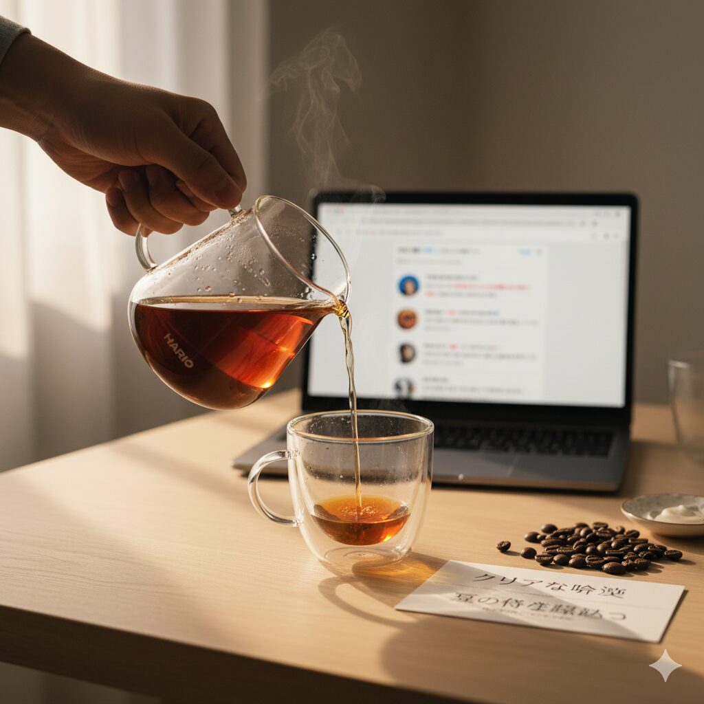 ハリオのガラスサーバーからクリアなコーヒーが二重構造のグラスカップに注がれている様子。奥にはノートPCとコーヒー豆、そして「クリアな吟味 豆の持つ個性を」と書かれたメモが見える。
