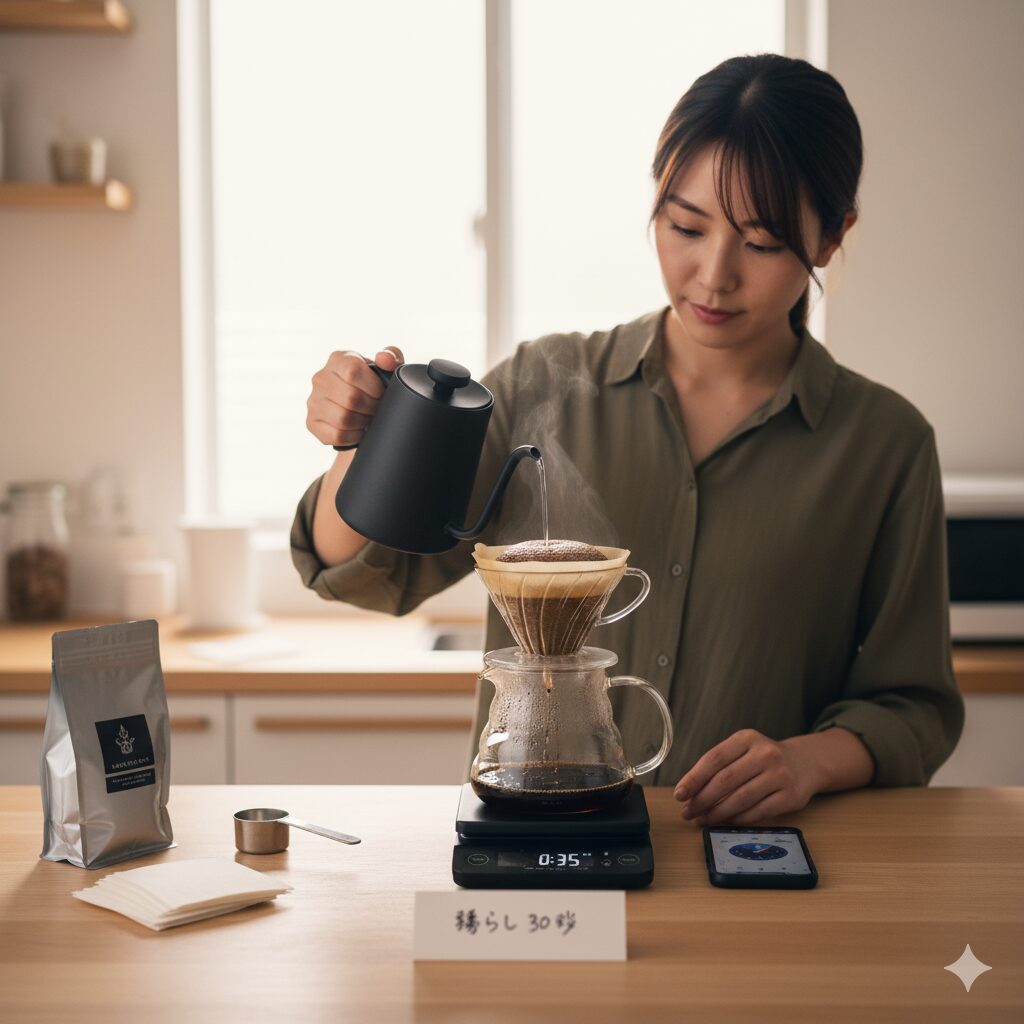 キッチンでハリオV60ドリッパーを使ってコーヒーを淹れている若い日本人女性。スケールの上にサーバーとドリッパーがセットされ、タイマーが35秒を示している。手元には「蒸らし30秒」と書かれたカードがある。
