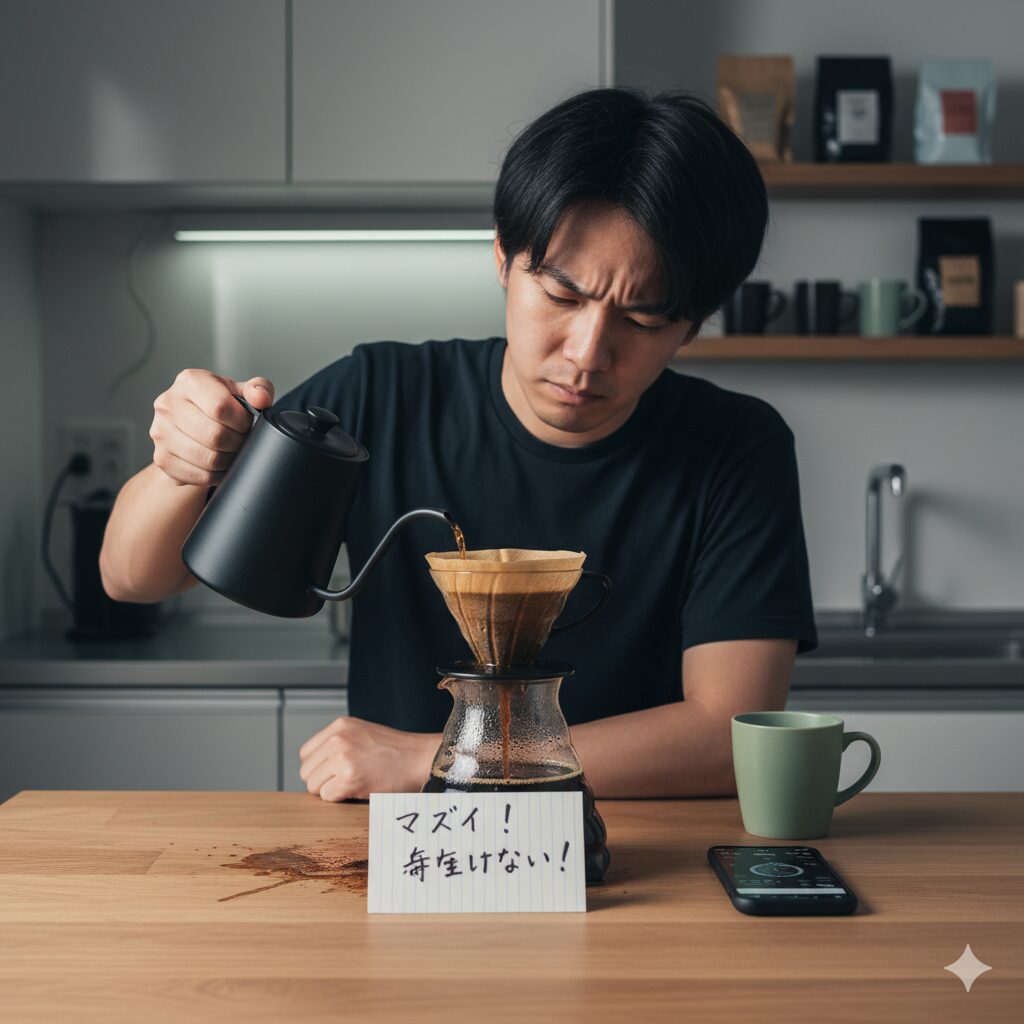 キッチンでハリオV60ドリッパーを使いコーヒーを淹れている日本人男性が、不満そうな表情を浮かべている。ドリッパーの周りにはコーヒー粉がこぼれ、手元には「マズイ!寄生けない!」と書かれたメモがある。