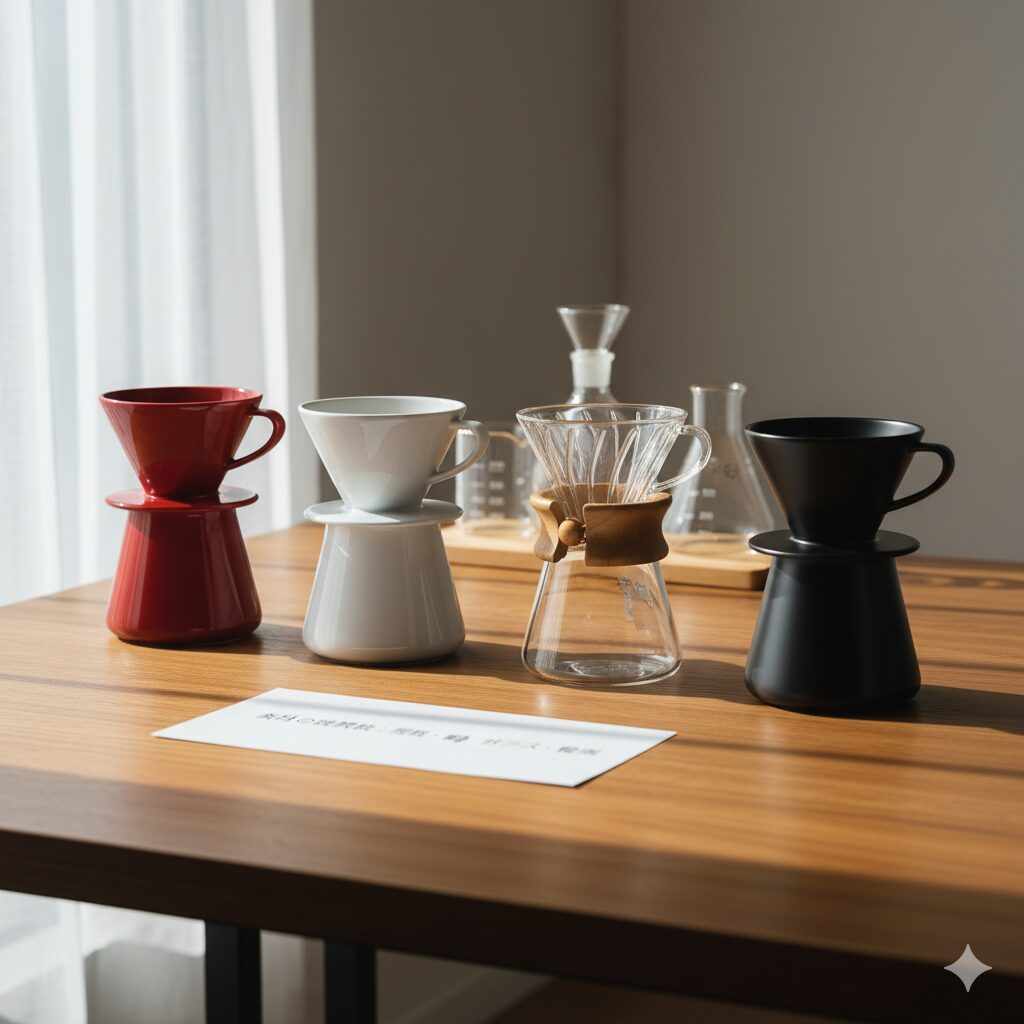 ハリオV60ドリッパーの様々な素材(陶器の赤と白、ガラス、金属の黒)がテーブルに並べられている。奥には他のコーヒー器具も見え、手前には「素材の選択肢:樹脂・陶器・ガラス・金属」と書かれたメモがある。