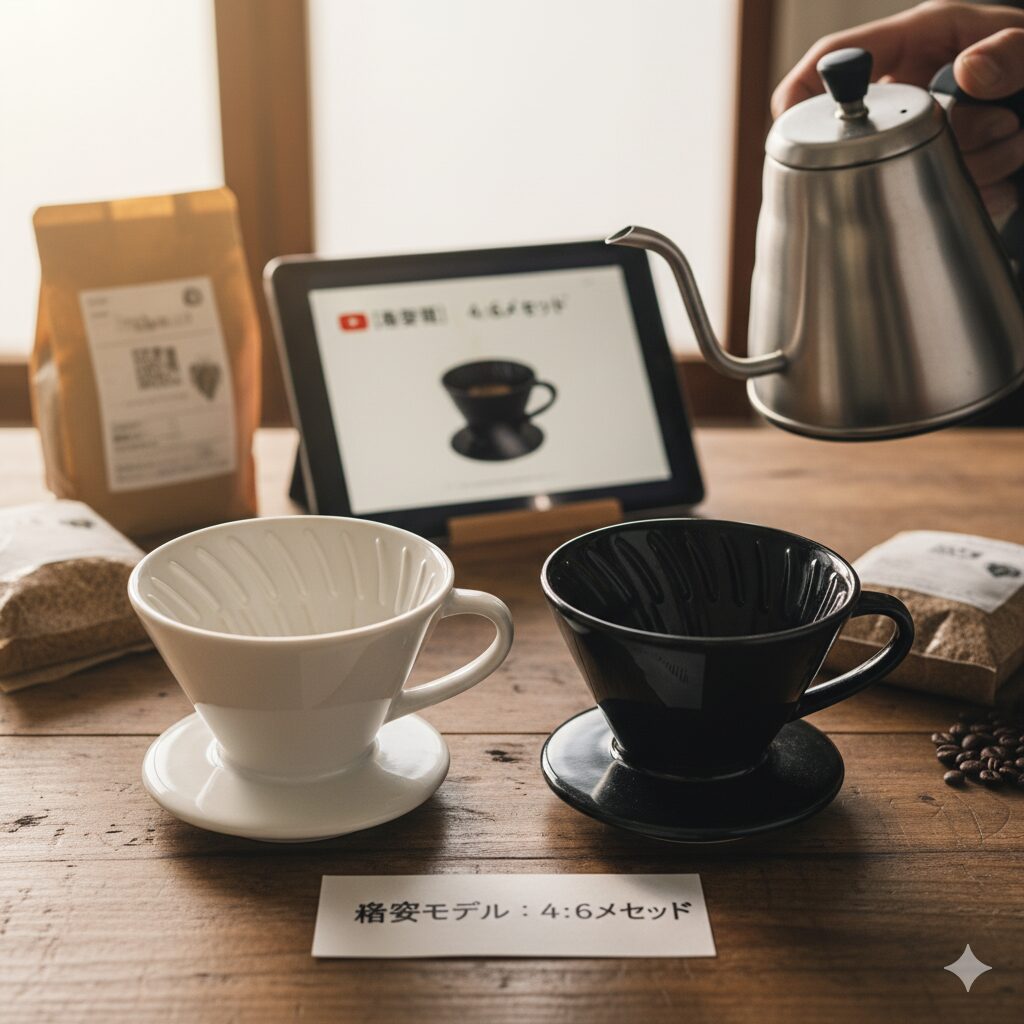 ハリオV60の通常モデル(白)と粕谷モデル(黒)のドリッパーが並んで置かれている。奥のタブレットには粕谷モデルと「4:6メソッド」の文字が映し出されており、手前には「粕谷モデル:4:6メソッド」と書かれたメモがある。