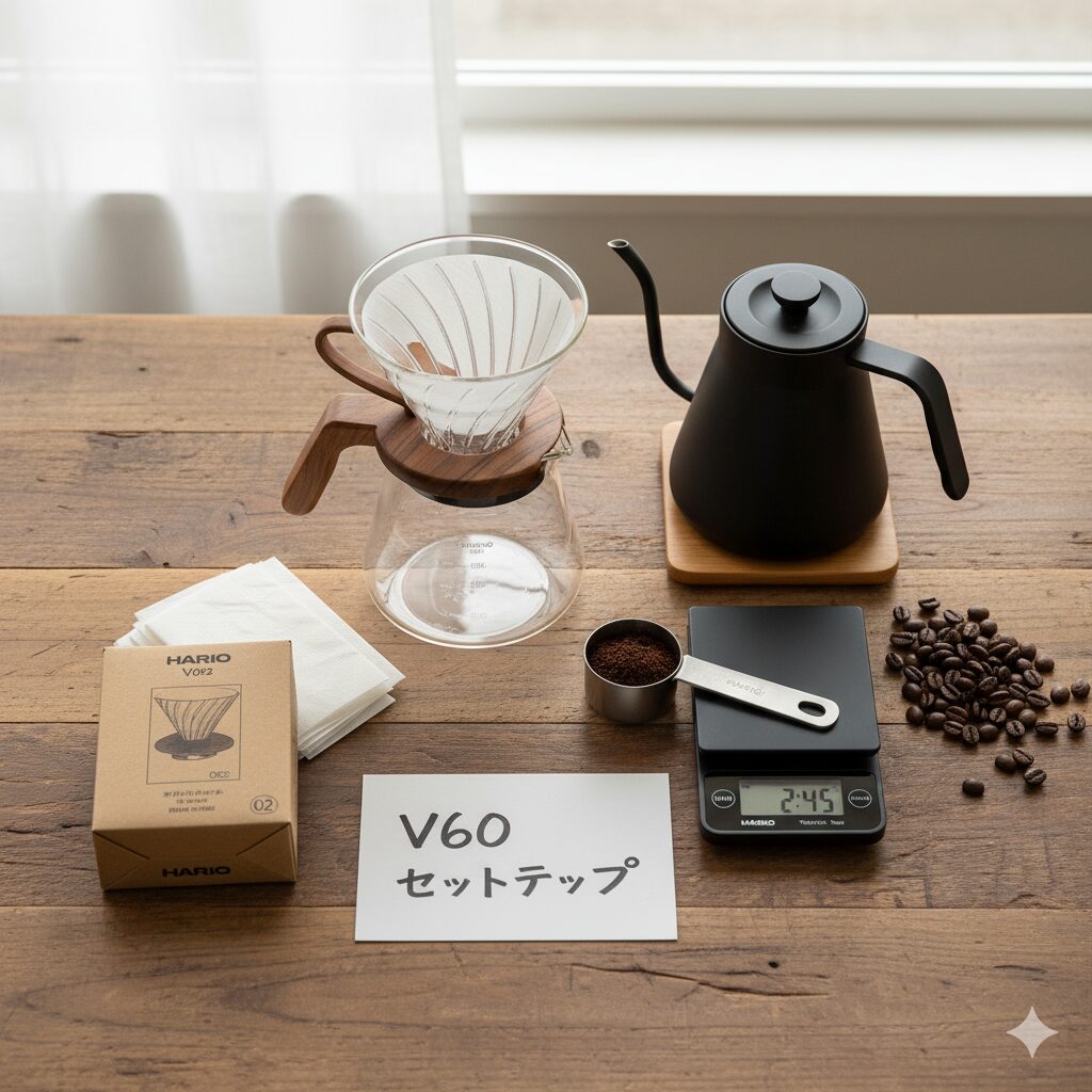 ハリオV60のドリッパーセットがテーブルに配置されている。木製ホルダー付きドリッパー、サーバー、ケトル、スケール、コーヒー豆、粉、フィルターの箱が見え、手前には「V60 セットアップ」と書かれたメモがある。