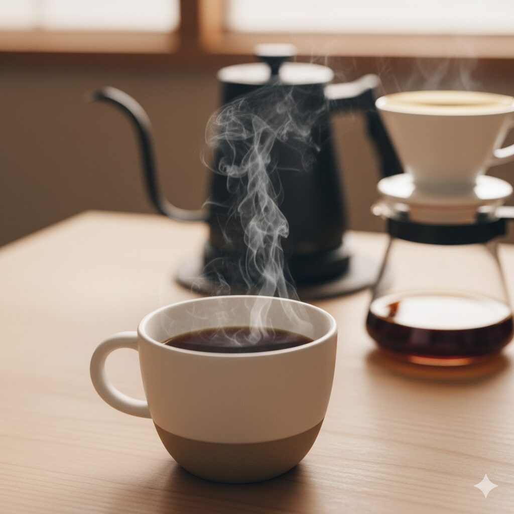 淹れたてのコーヒーが入ったカップから温かい湯気が立ち上っている様子。