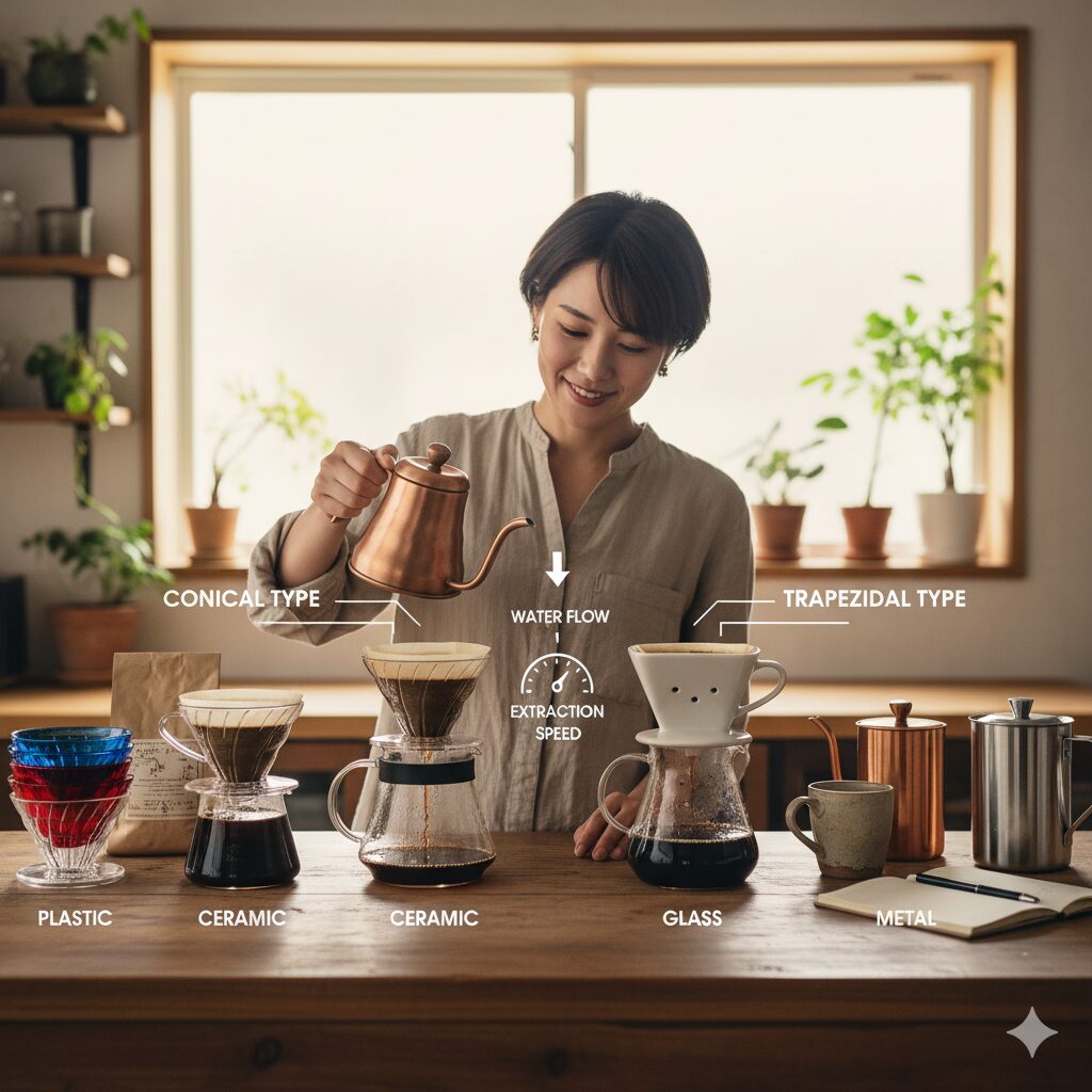円錐型と台形型のコーヒードリッパーが並び、お湯の流れ方と抽出スピードの違いを示した比較画像