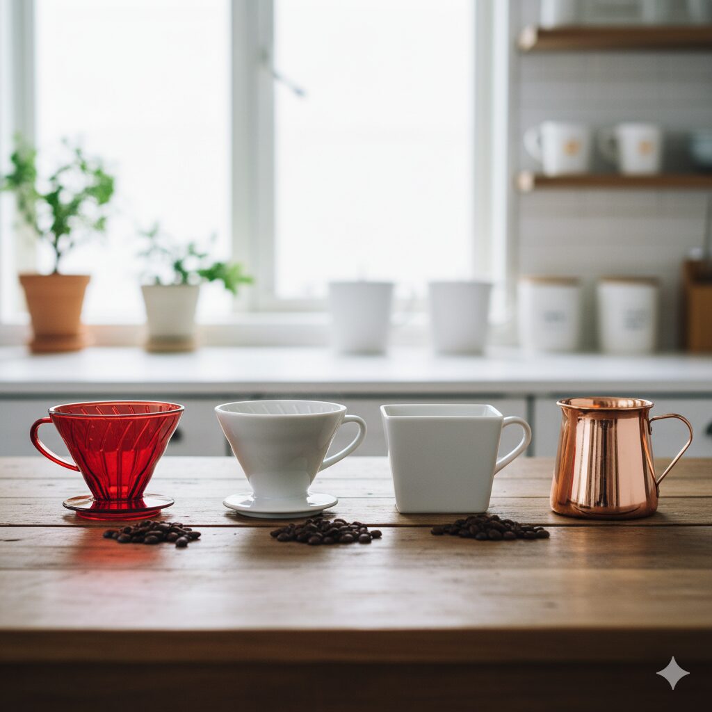 プラスチック、陶器、金属など、異なる素材のコーヒードリッパーが種類ごとに並べられた様子