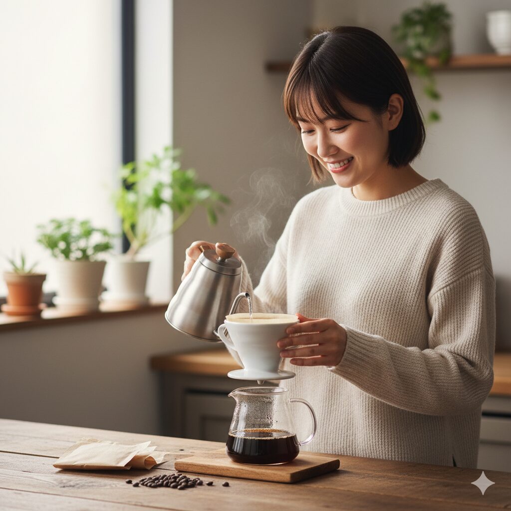 初心者の女性がキッチンでコーヒードリッパーを使いハンドドリップしている様子