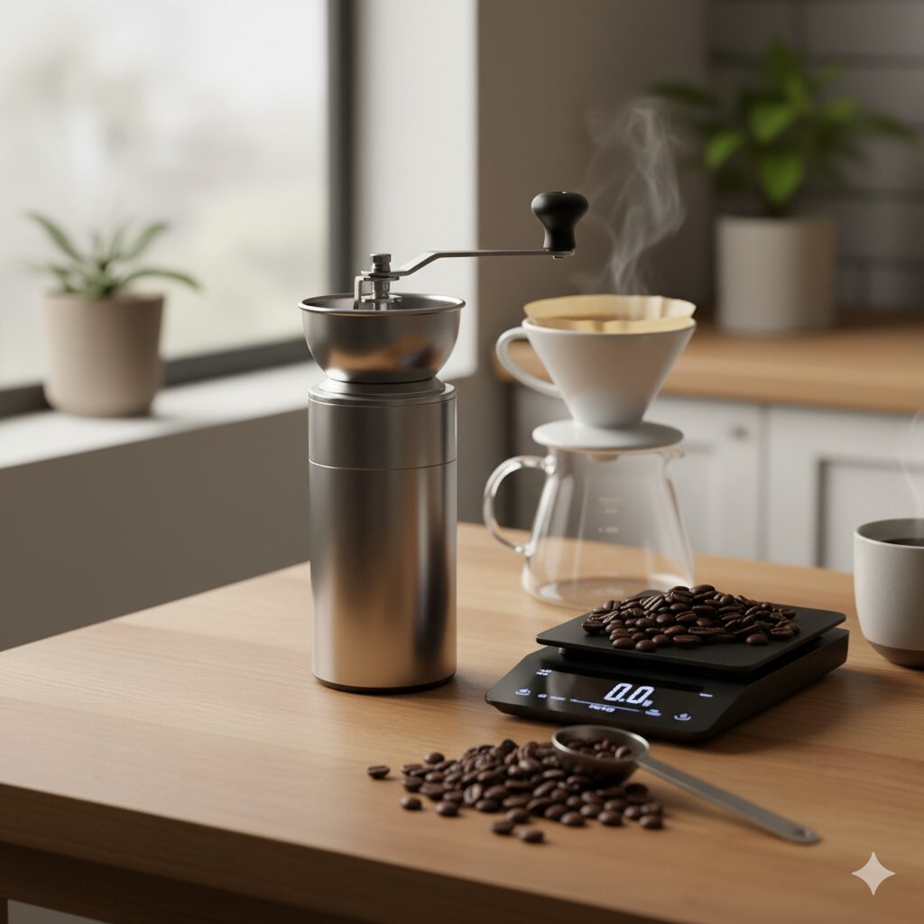 コーヒーの味を追求するために推奨される手動コーヒーミルとデジタルスケール。