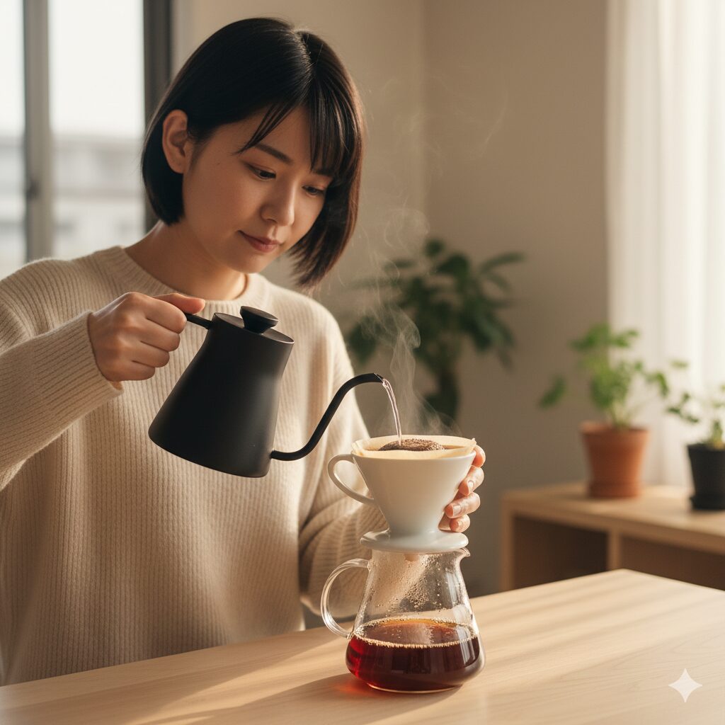 落ち着いた部屋でドリップポットを使い、丁寧にコーヒーを淹れる日本人の手元。