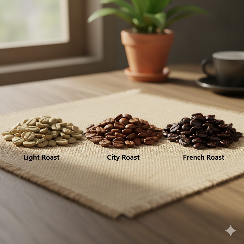 左から浅煎り、中煎り、深煎りと並べられたコーヒー豆の焙煎度合いの違い。