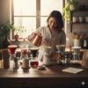 複数のコーヒードリッパーが並ぶキッチンで、女性が丁寧にお湯を注ぎハンドドリップコーヒーを淹れている様子