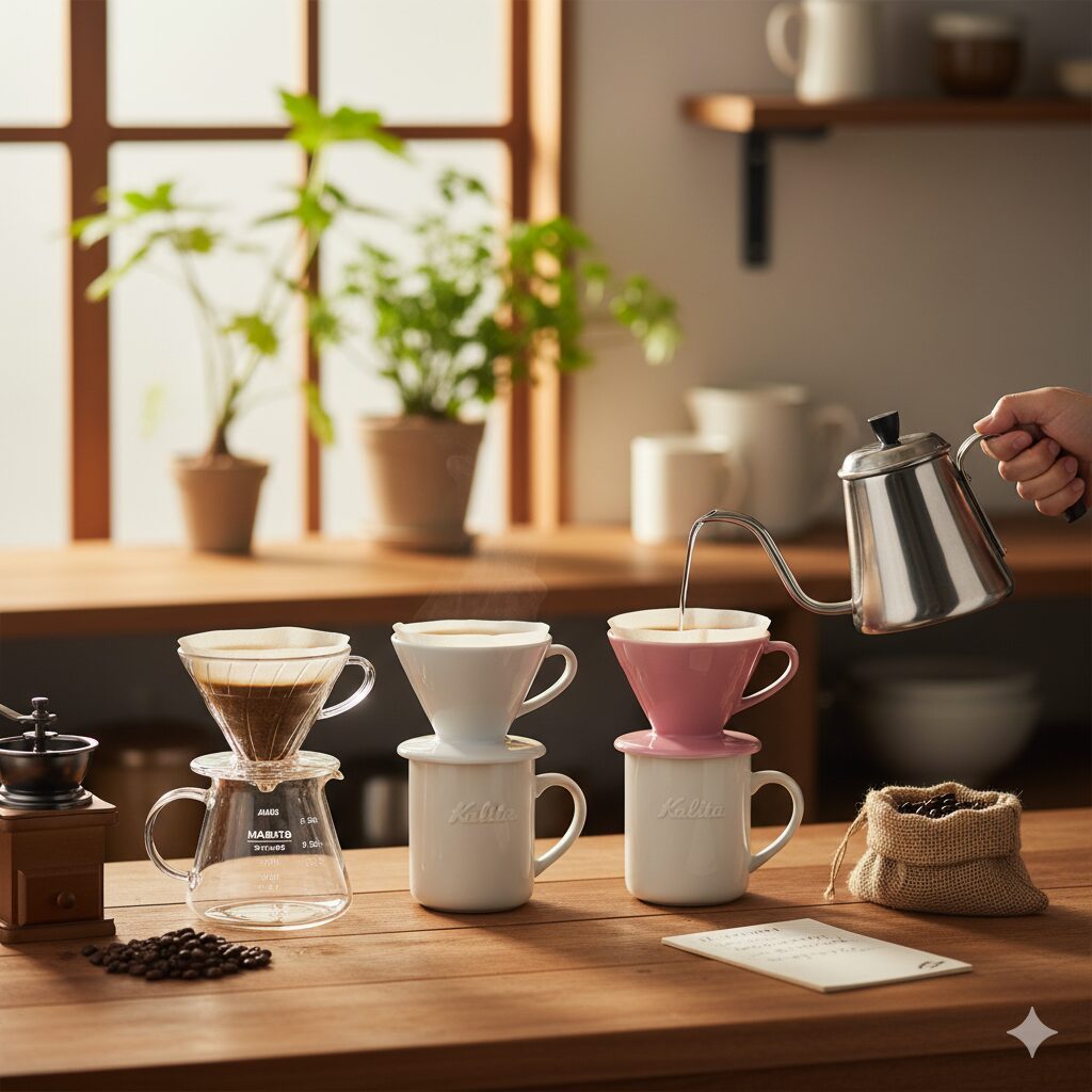 一人暮らしのキッチンカウンターに並べられた、様々な種類の1人用コーヒードリッパー