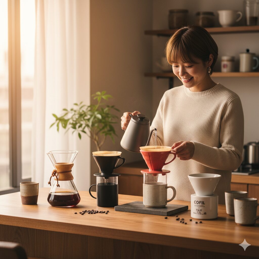 モダンなキッチンカウンターに並べられた、ケメックスやオリガミ、トーチなどのおしゃれなデザインのコーヒードリッパー