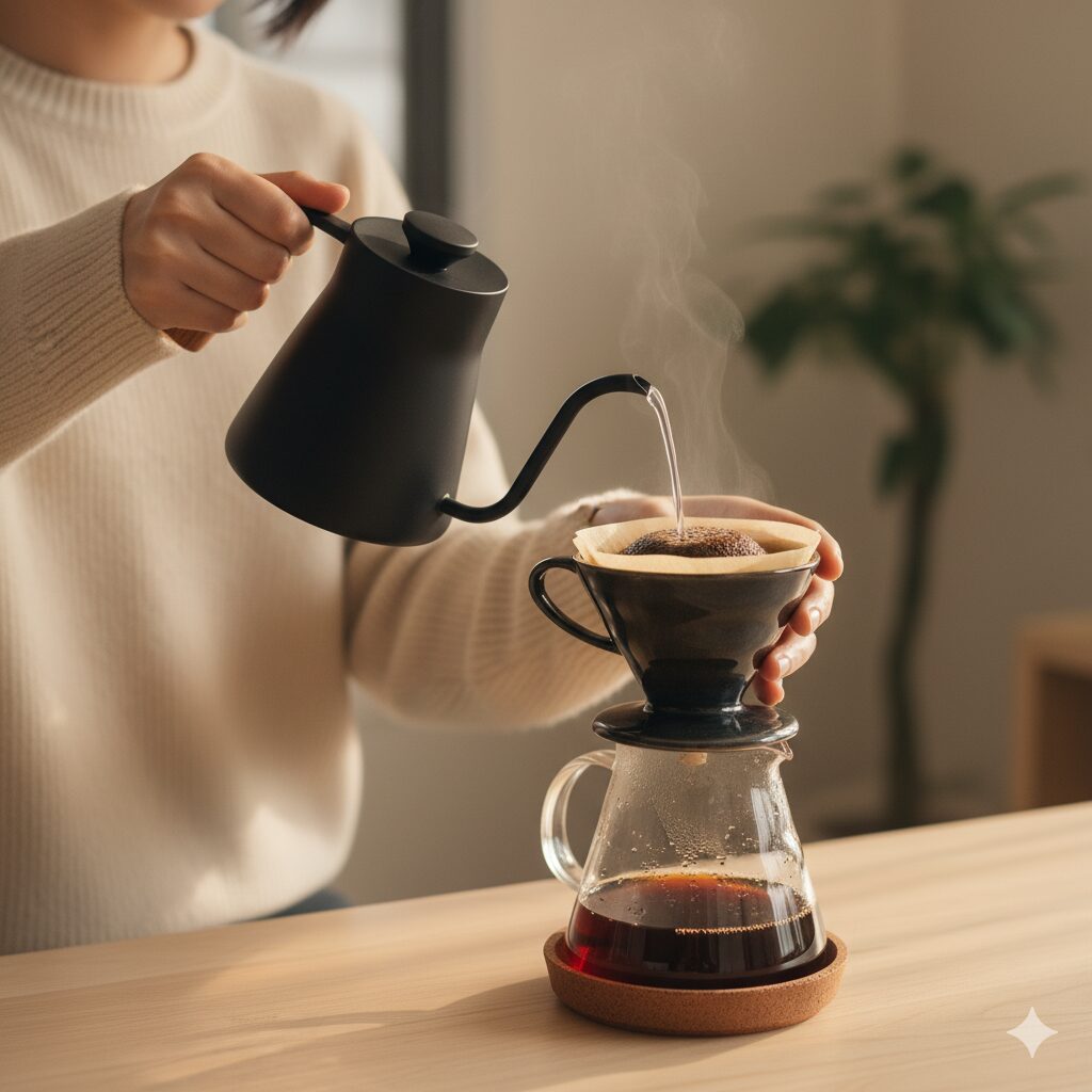 ドリッパーにセットしたペーパーフィルターにお湯をかけて湯通し（リンス）している様子。