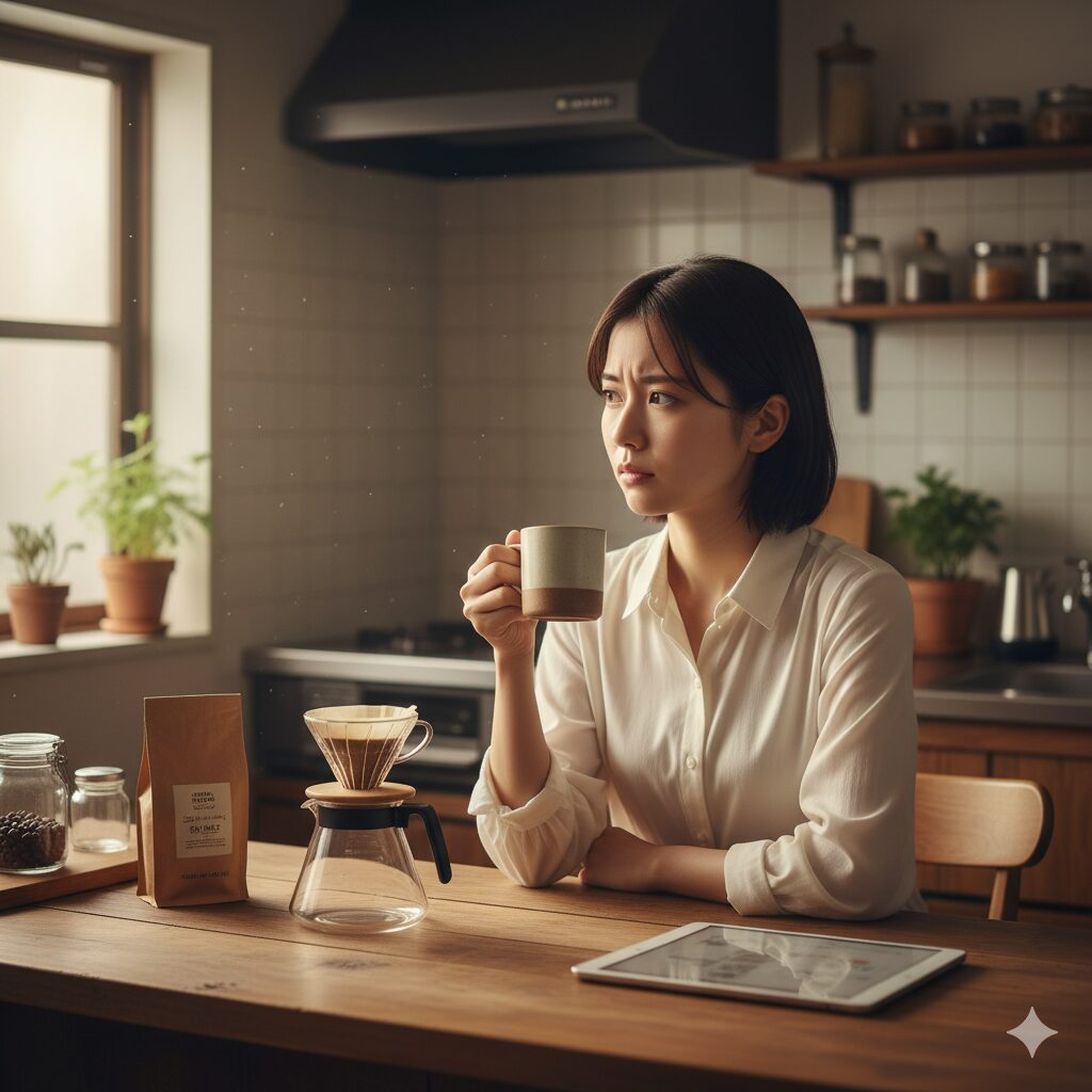 自宅のキッチンでコーヒーサーバーを見ながら、ハンドドリップコーヒーの必要性に疑問を感じている日本人女性