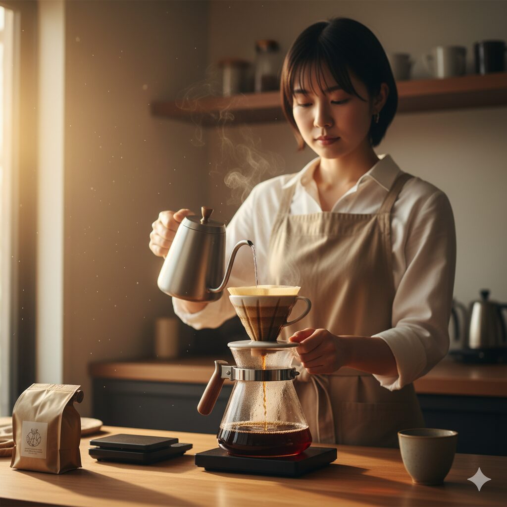 キッチンでコーヒーサーバーを使って丁寧にハンドドリップコーヒーを淹れる若い日本人女性