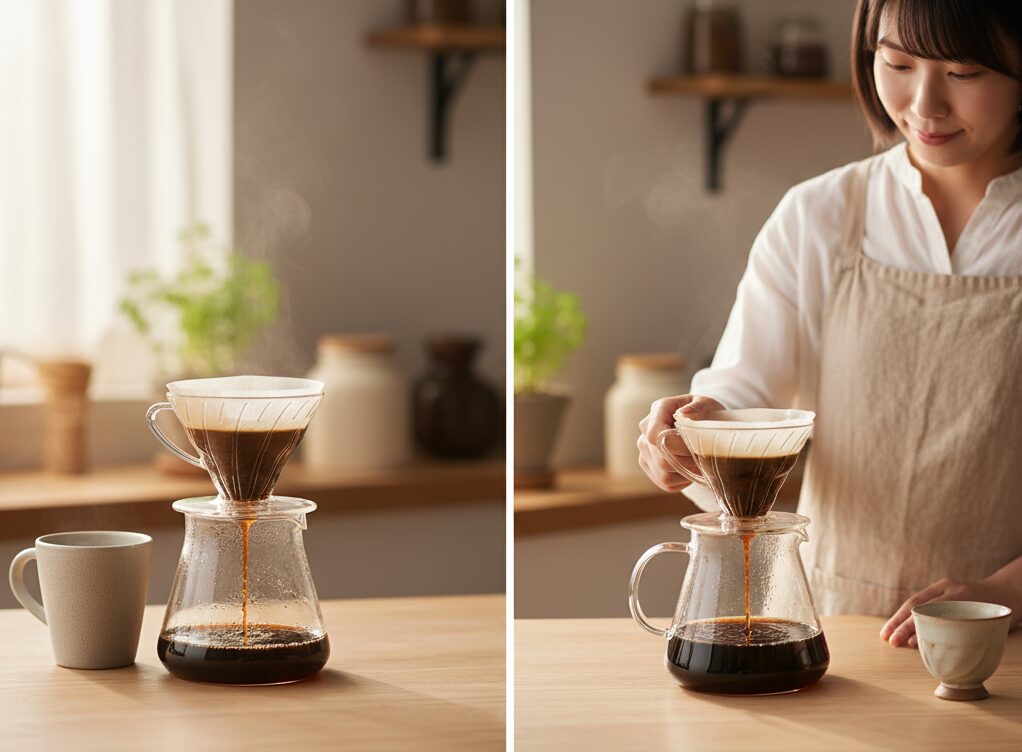 ハンドドリップで直接マグカップにコーヒーを淹れる様子と、コーヒーサーバーを使って抽出する様子を比較する日本人女性
