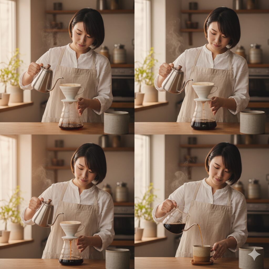コーヒーサーバーを使ってハンドドリップコーヒーを淹れる基本的な手順を示す、複数の日本人女性のクローズアップ画像