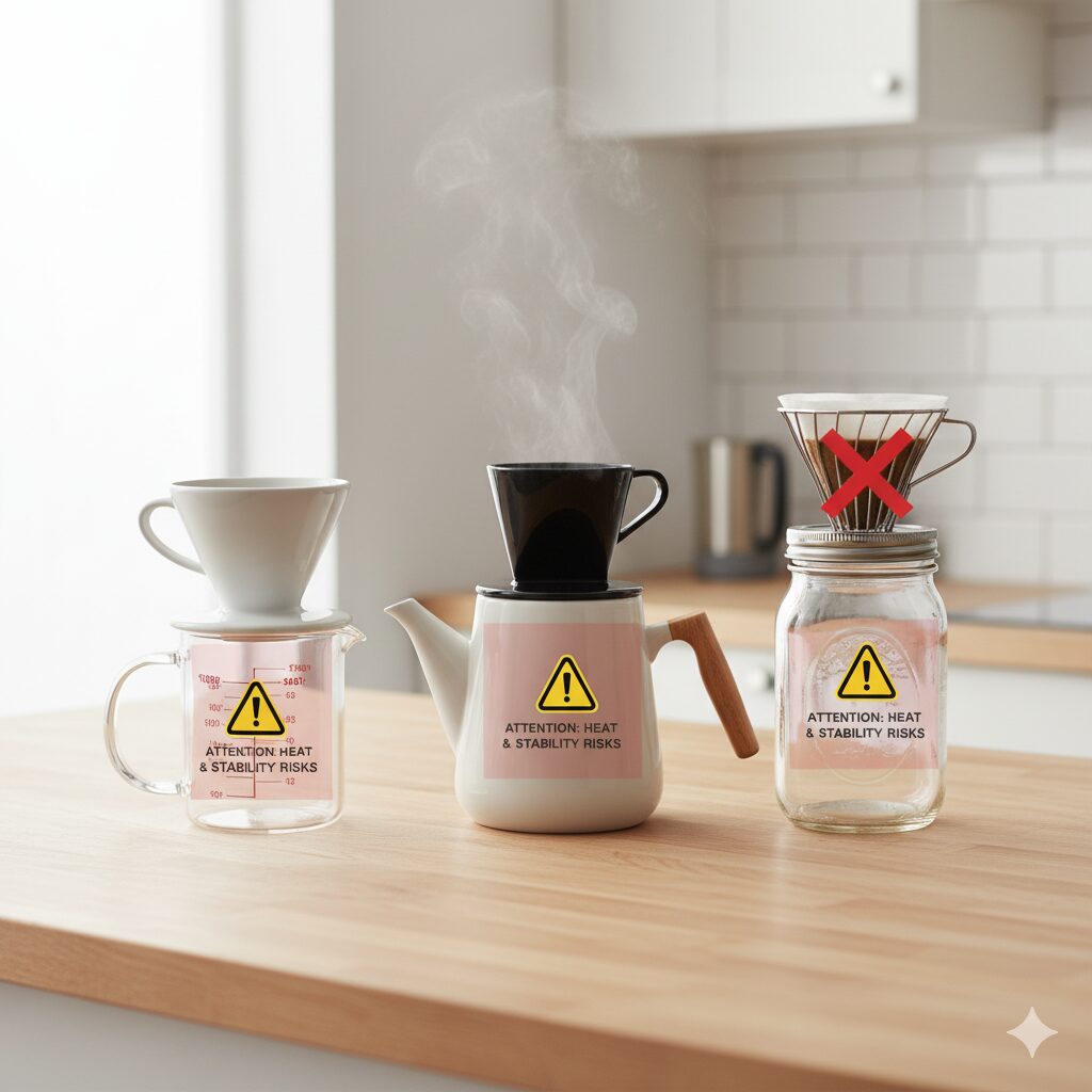 コーヒーサーバーの代用品として使用される計量カップ、ティーポット、メイソンジャーに、高温と不安定性に対する注意を促す警告サインが表示されている