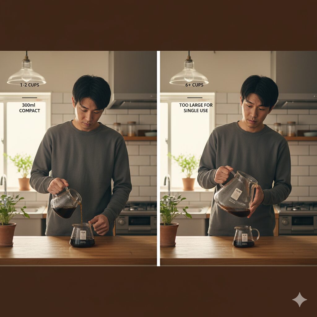 一人暮らしのキッチンで、適切な容量のコーヒーサーバーからカップにコーヒーを注ぐ日本人男性と、大きすぎるサーバーを不便そうに使う日本人男性の比較