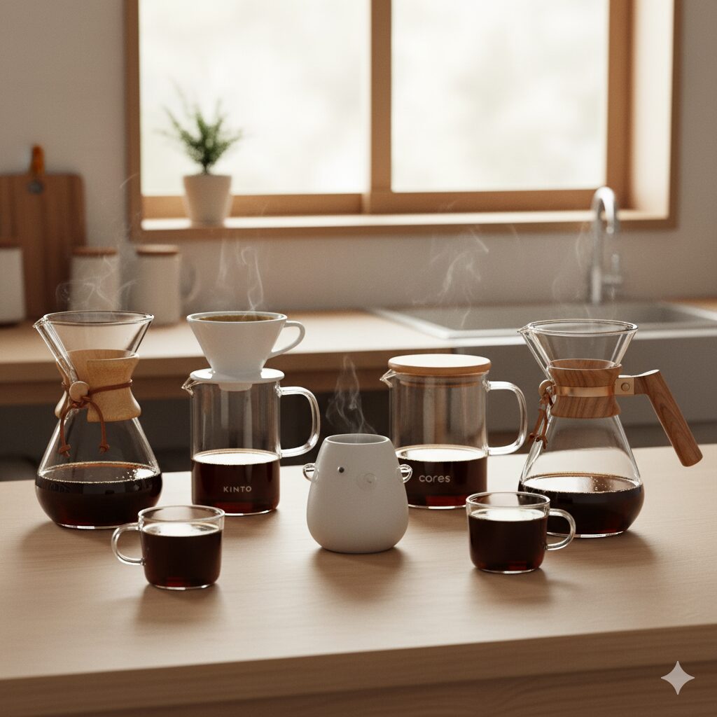 モダンなキッチンカウンターに並べられた、様々なデザインのおしゃれなコーヒーサーバーと淹れたてのコーヒー