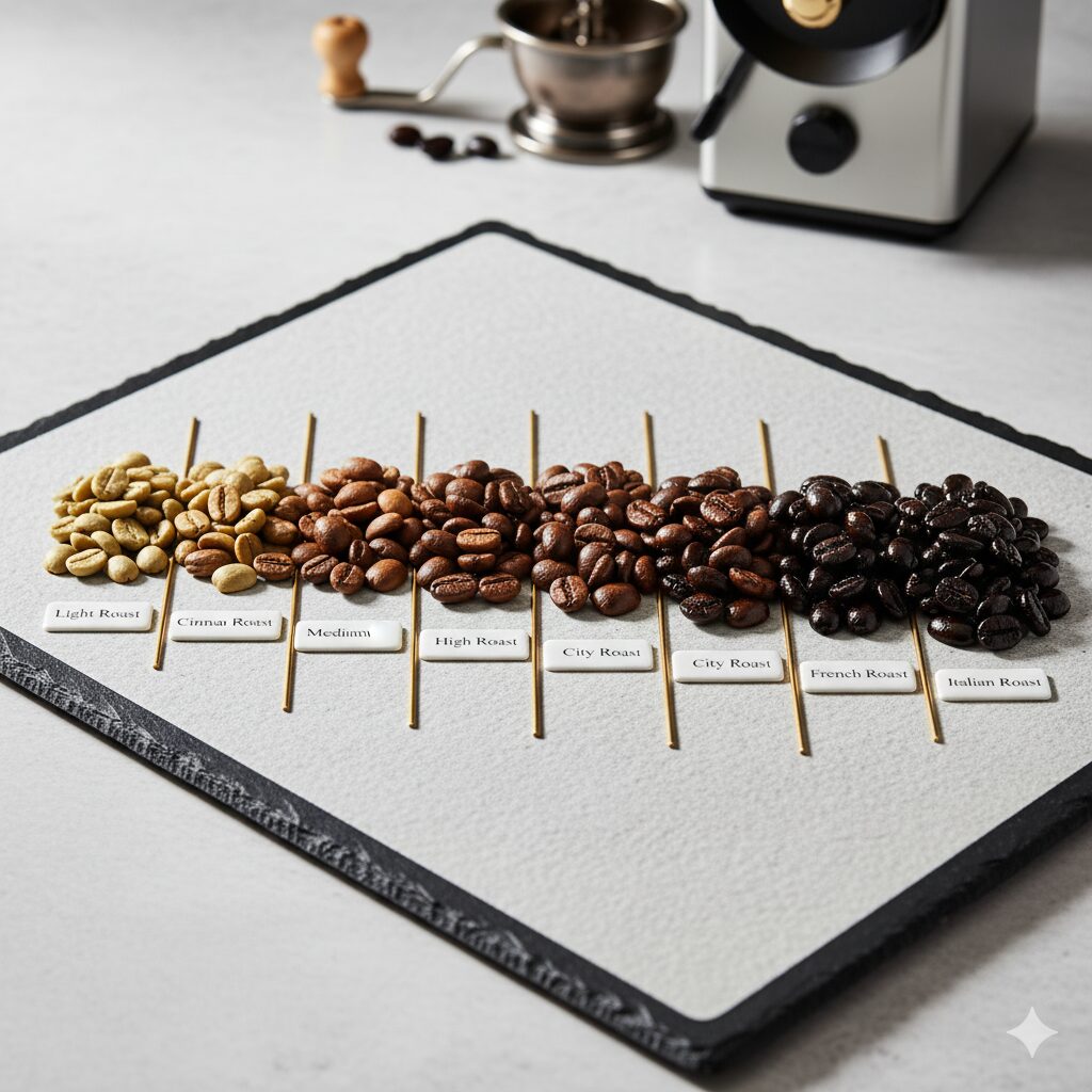 ライトローストからイタリアンローストまで、8段階の焙煎度合いが異なるコーヒー豆が並べられた色見本チャート。豆の色合いの変化がよく分かる。