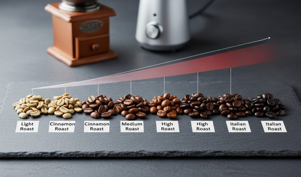 焙煎度合いが浅いライトローストから深いイタリアンローストまで順に並んだコーヒー豆の横に、苦味の強さが「弱い」から「強い」へと変化するグラデーションバーが示されている。