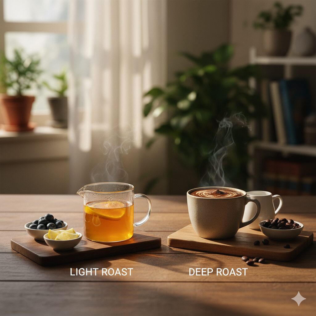 木目のテーブルの上に、左側に明るい色の浅煎りコーヒー(またはレモンティーのような飲み物)とフルーツ、右側に濃い色の深煎りコーヒーとコーヒー豆がそれぞれ置かれている。奥には窓から光が差し込む部屋の様子が見える。