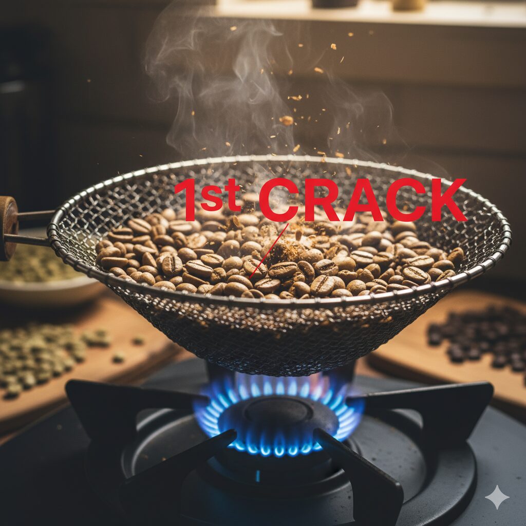 ガスコンロの炎の上で、手網に入ったコーヒー豆が焙煎されている様子。豆から湯気が上がり、一部の豆が弾けているように見える。