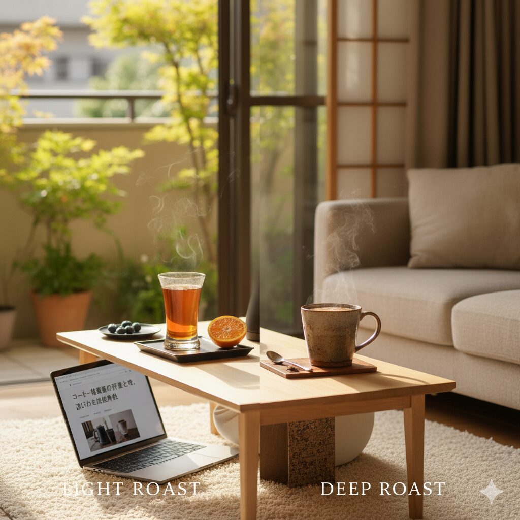 居間で深入りと浅入りのコーヒーがテーブルに乗っている