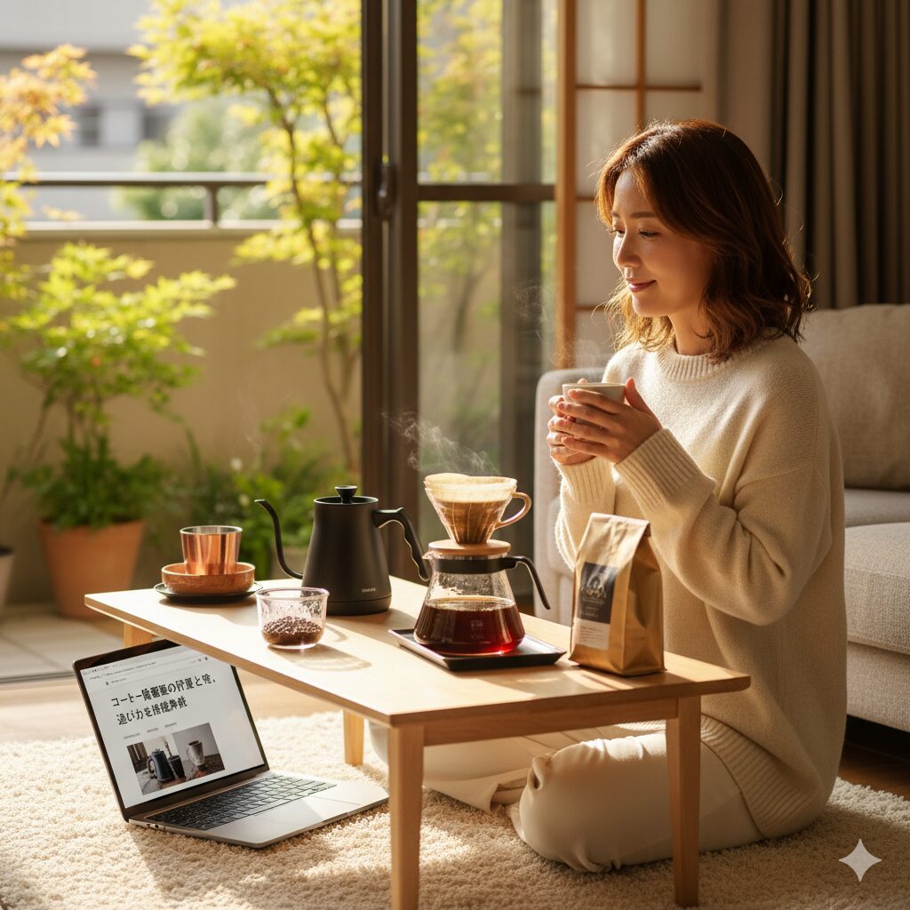 窓から光が差し込むリビングで、女性が淹れたてのコーヒーを片手にリラックスしている様子。手前にはドリップコーヒー器具とコーヒー豆のパッケージ、ノートパソコンが置かれている。