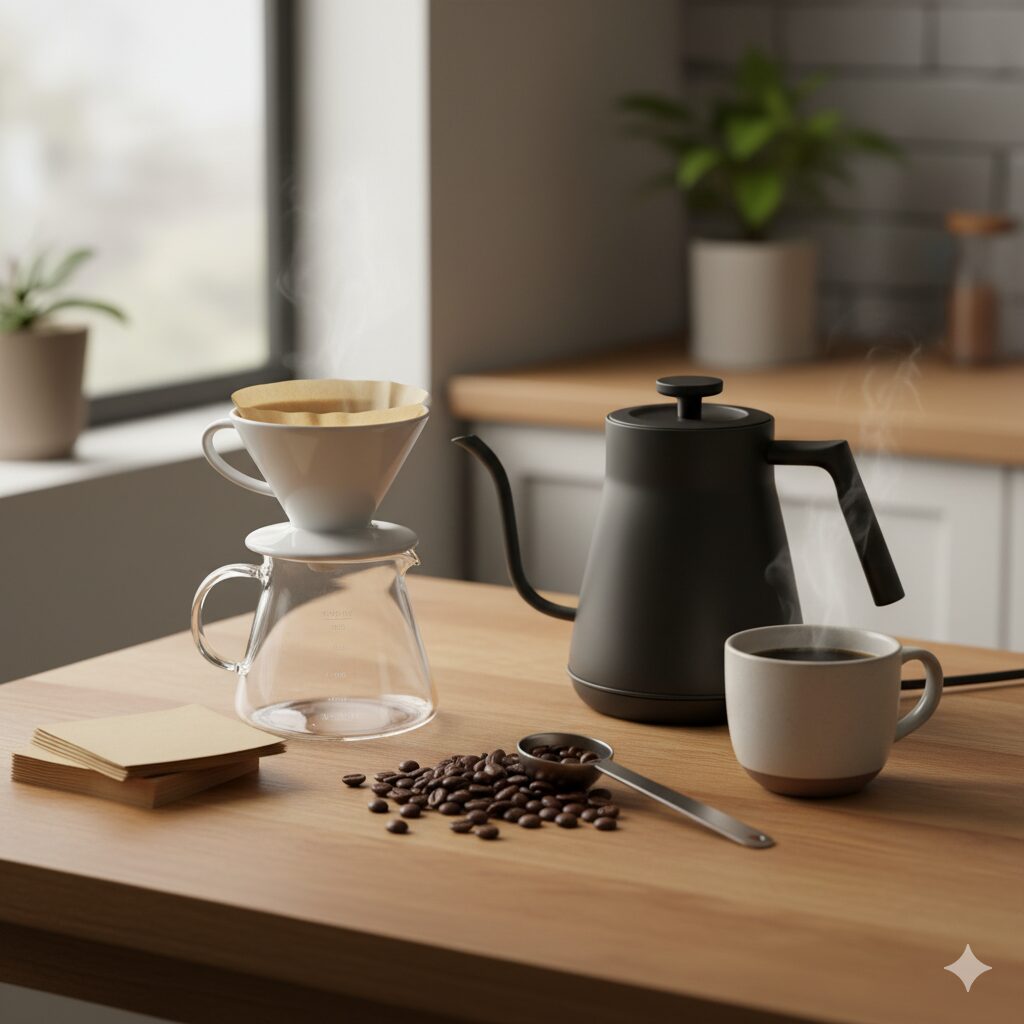 ハンドドリップコーヒーに必要なドリッパー、サーバー、ケトル、ペーパーフィルターの基本4点セット。