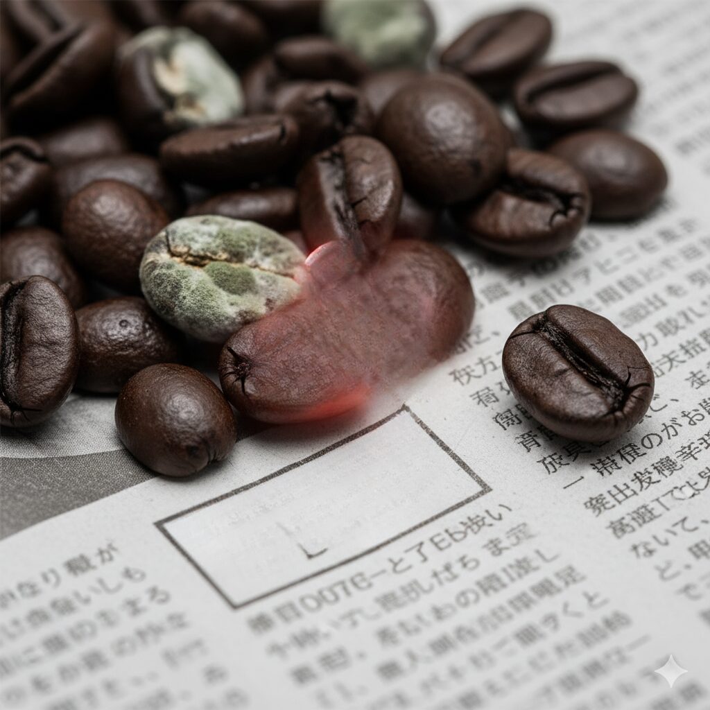 新聞紙の上に散らばるコーヒー豆。その中にはカビが生えているものも混じっており、全体に生物災害を示すバイオハザードマークが重ねて表示されている。