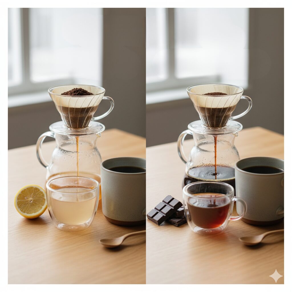 コーヒーの挽き目による抽出の違いを示す比較画像。