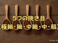 スプーンに挽き目ごとに５種類に盛られたコーヒー粉