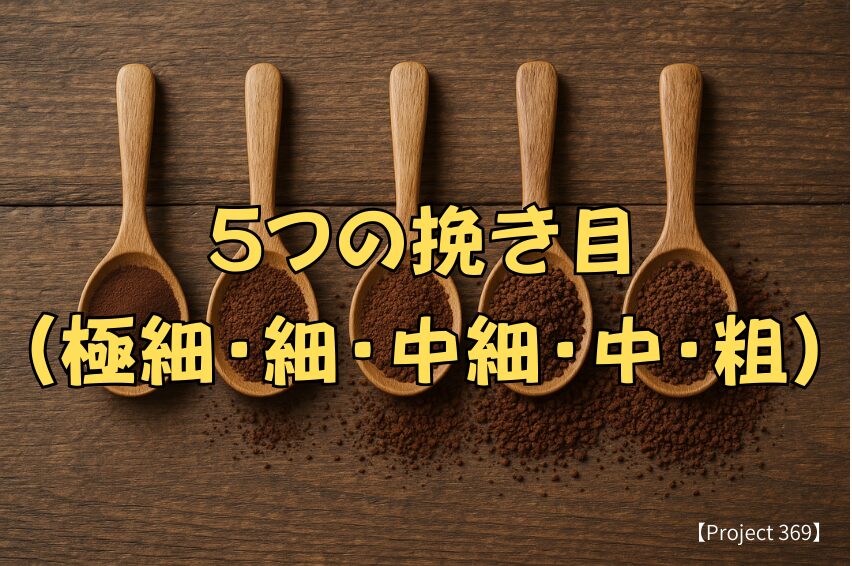 スプーンに挽き目ごとに５種類に盛られたコーヒー粉