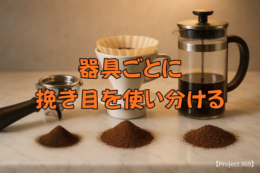 コーヒー器具とそれに適切な挽き具合のコーヒー粉が並んでいる