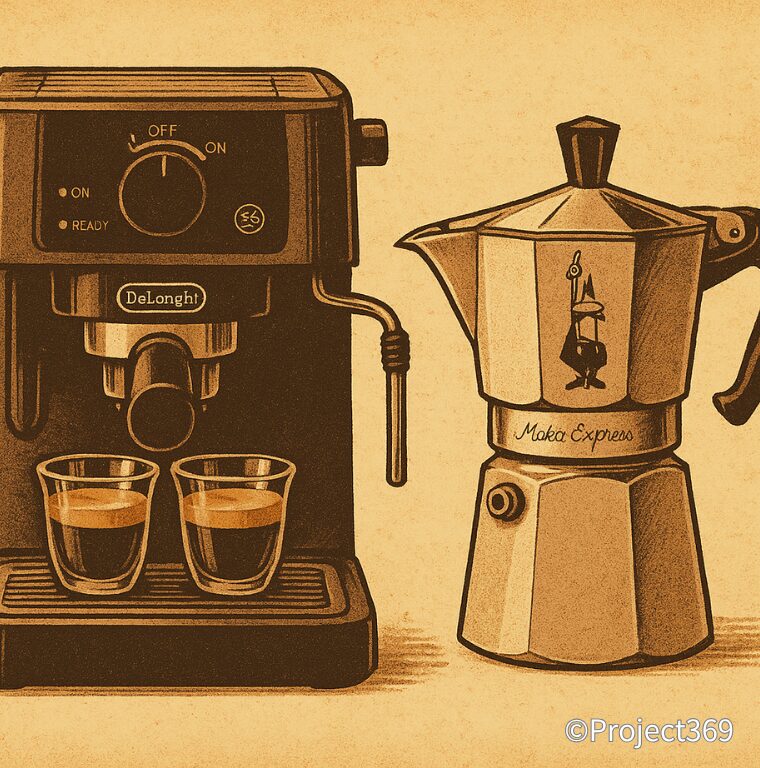 エスプレッソマシン、主導と全自動タイプのレトロ上記の内容に基づいて"No Text"でイラストを描いてください