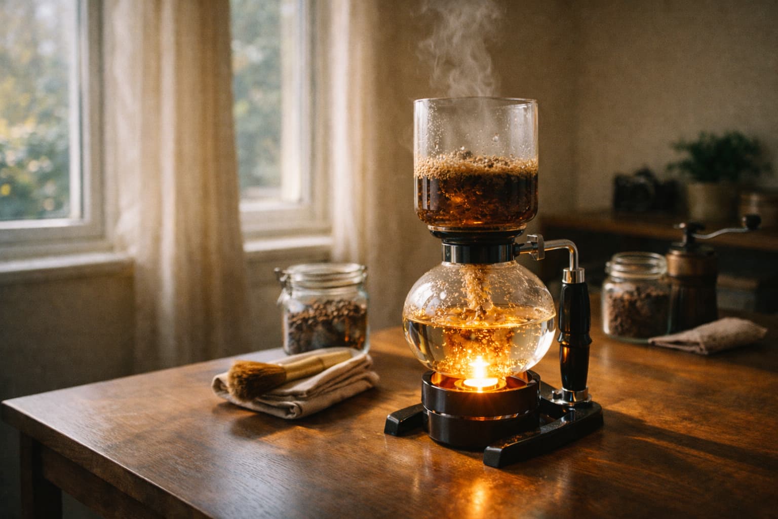窓辺で抽出中のサイフォンコーヒーメーカー 仕組みと淹れ方のイメージ
