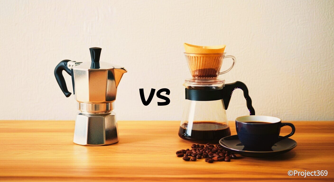 エスプレッソマシンとドリップコーヒーが並び間には「VS」の文字